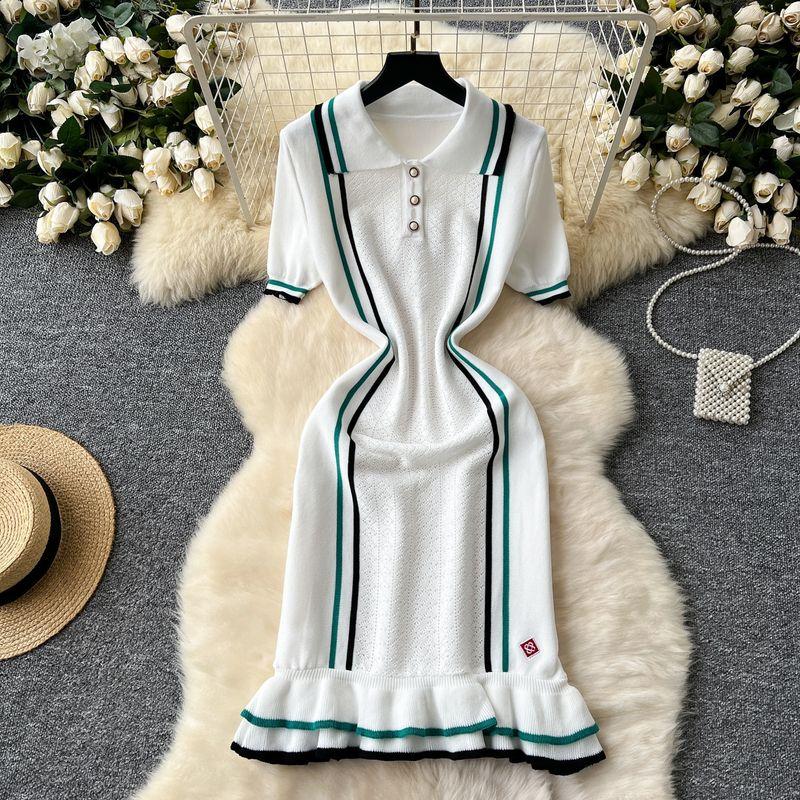 

European and American Graceful Knitted dress French style Lapel Contrast Color Waist Hugging Frill Short dress Jersey Dress White All yards