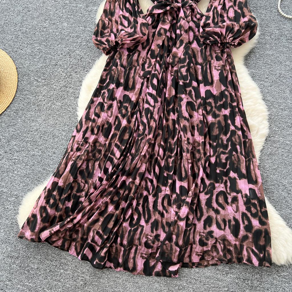 Szykowna vintage seksowna sukienka z długim rękawem w panterkę w kształcie litery A Moda moda koreańska Wyszczuplająca letnia Eleganckie sukienki