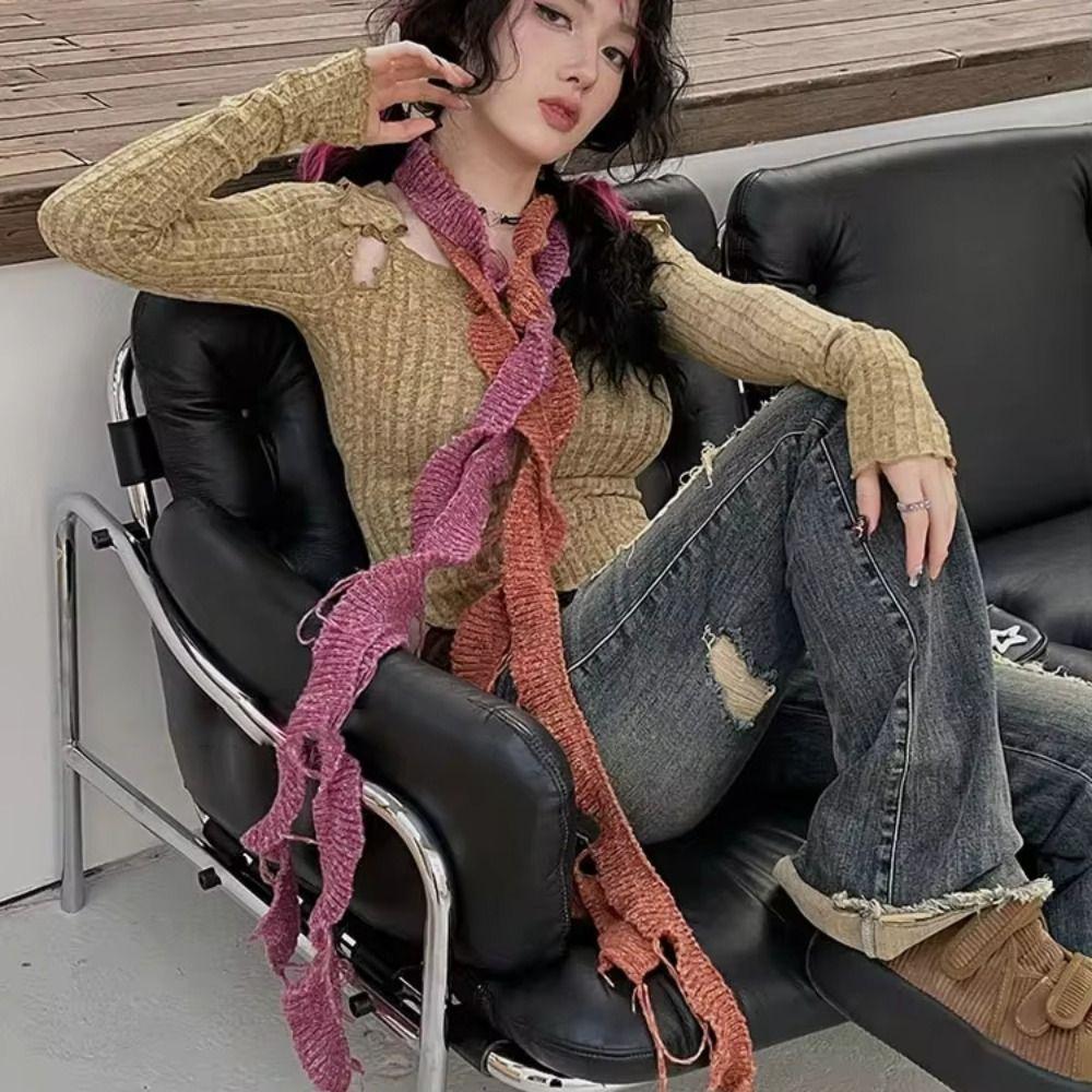 Solid Color Knitted Scarf Irregular Long Narrow Scarves All-match Ruffle Shawl  Streetwear