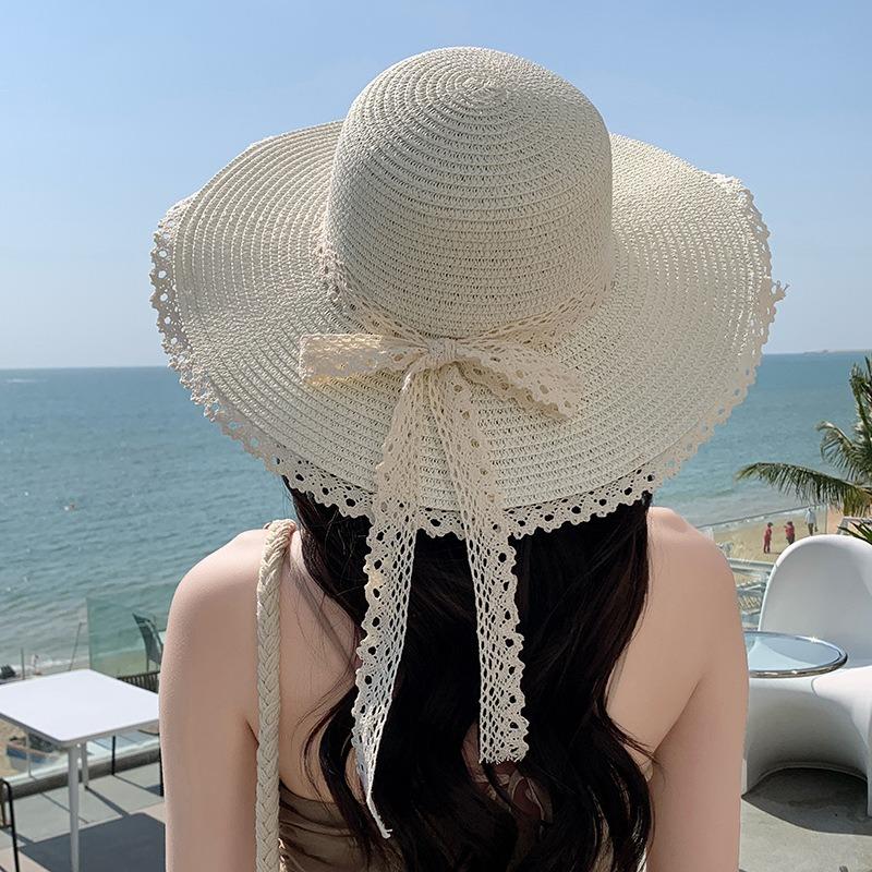 Summer Bow Sun Hat Female, Seaside Beach Vacation Sun Hat Outdoor Big Brim Sun Hat Sweet Straw Hat
