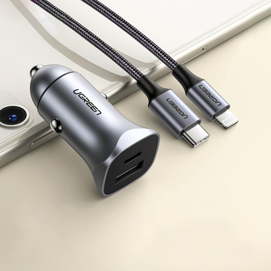 Ugreen Dual Port 30W Car Charger with USB-A/USB-C - PD PPS Certified - Metallic Gray (Model CD130)