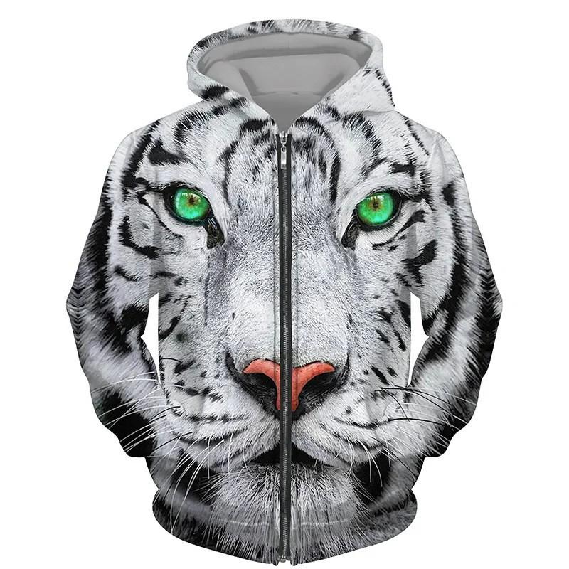 Tiger 3D Print Zip-Up Hoodie Youth Casual Loose Fit Winter Sweatshirt