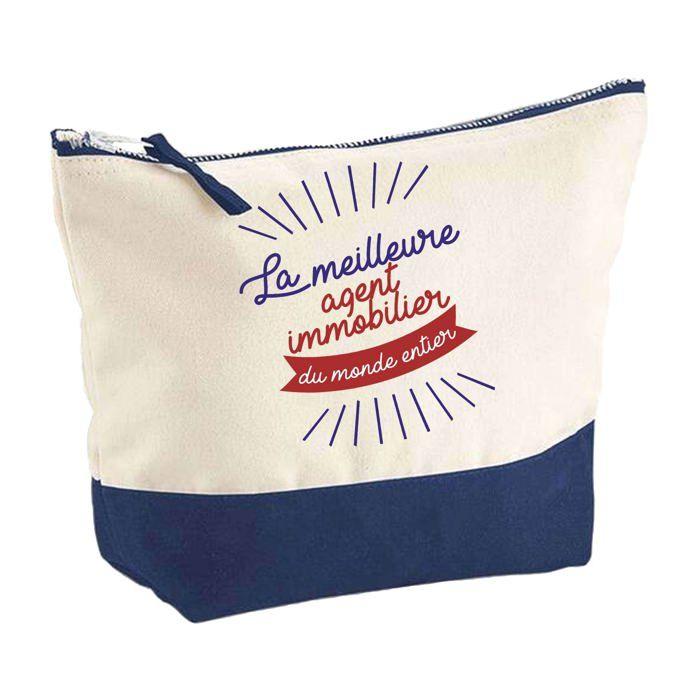 Pochette fond bleu Meilleure femme agent immobilier du monde - Cadeau Original Trousse Maquillage Grand Format