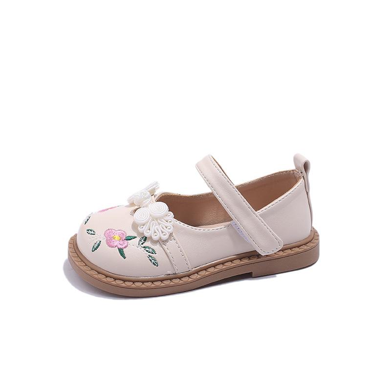 Girls Floral Embroidery Chinese Knot Mary Jane Magic Strap Casual Leather Shoes 21 бежевый