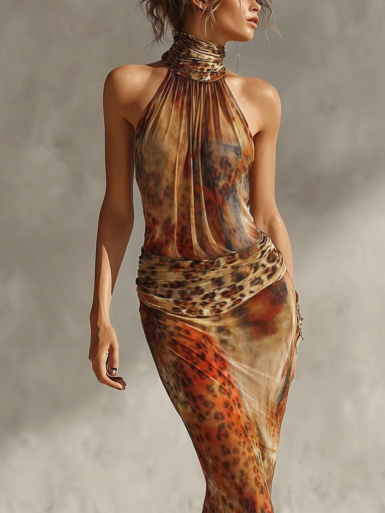 2026 summer new women's clothing vacation European and American printing lace-up neck sleeveless fishtail long dress dress