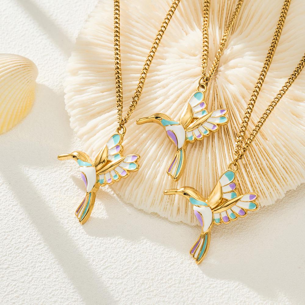 18k Gold Plated Stainless Steel Enamel Flying Bird Pendant Necklace