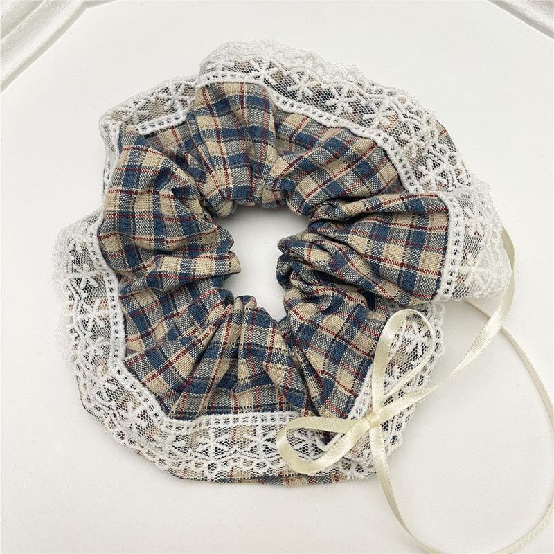 Elegant French Plaid Lace Bow Hair Scarf with Elastic Band
