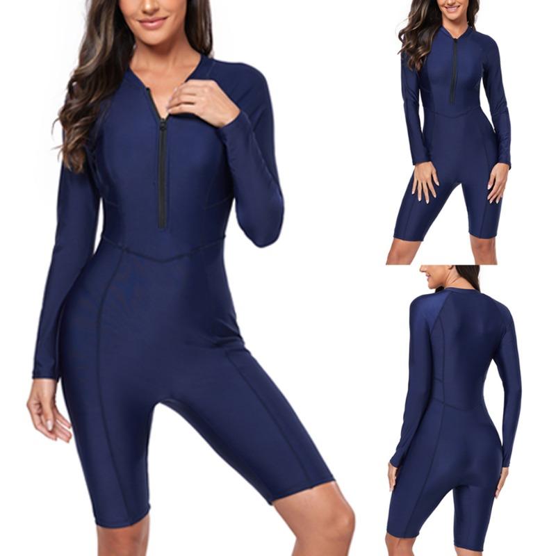 Solid Color Long Sleeve Zipper One Piece Modest Coverage Swimsuit