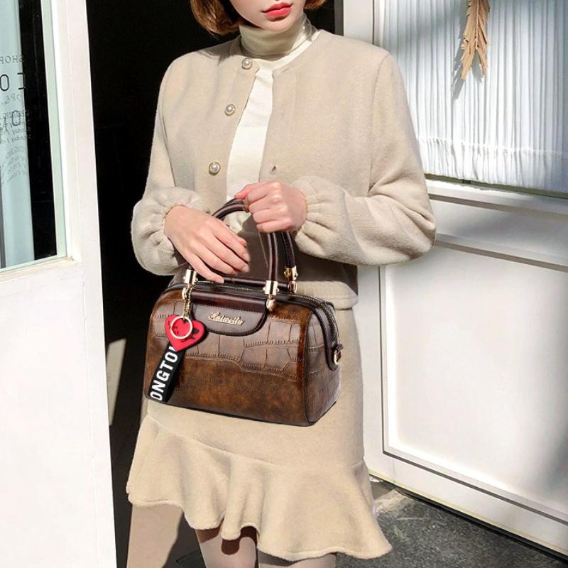 Vintage Embossed Top Handle Bag with Detachable Strap Heart Charm Handbag Purse Shoulder Crossbody Bags for Women's Daily Use