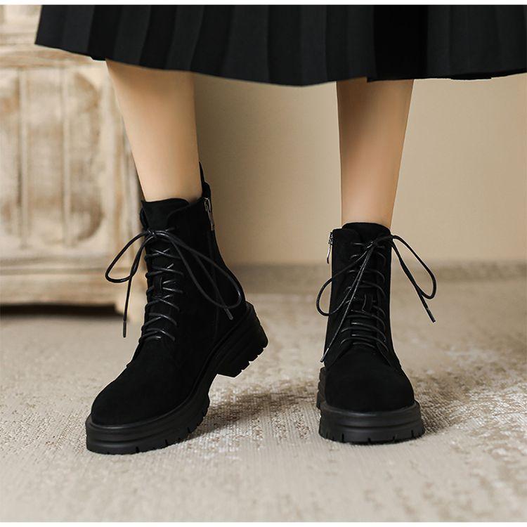 Vintage Suede Matte Round Head 2025 Autumn and Winter New Lace-up Martin Boots Women's British Style Thick-soled Thick-heeled Short Boots