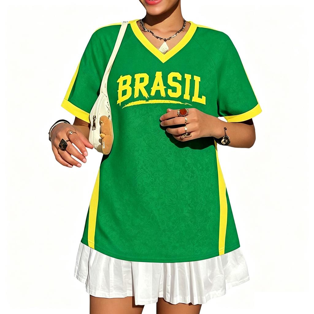 Women's V-Neck Short Sleeve Soccer Top | Mexico Fashion Top for Soccer Games, Casual Wear, Outdoor Sports