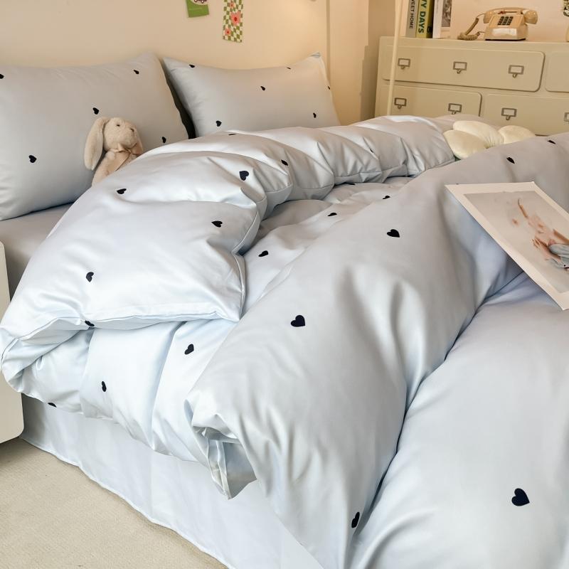 3pcs Blue Duvet Cover Set (1*Duvet Cover + 2*Pillowcase, Without Core), Heart Print Bedding Set, Soft Comfortable