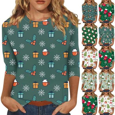 Damska modna, swobodna, siedmioramienna, świąteczna, okrągła, nadrukowana bluzka z okrągłym dekoltem