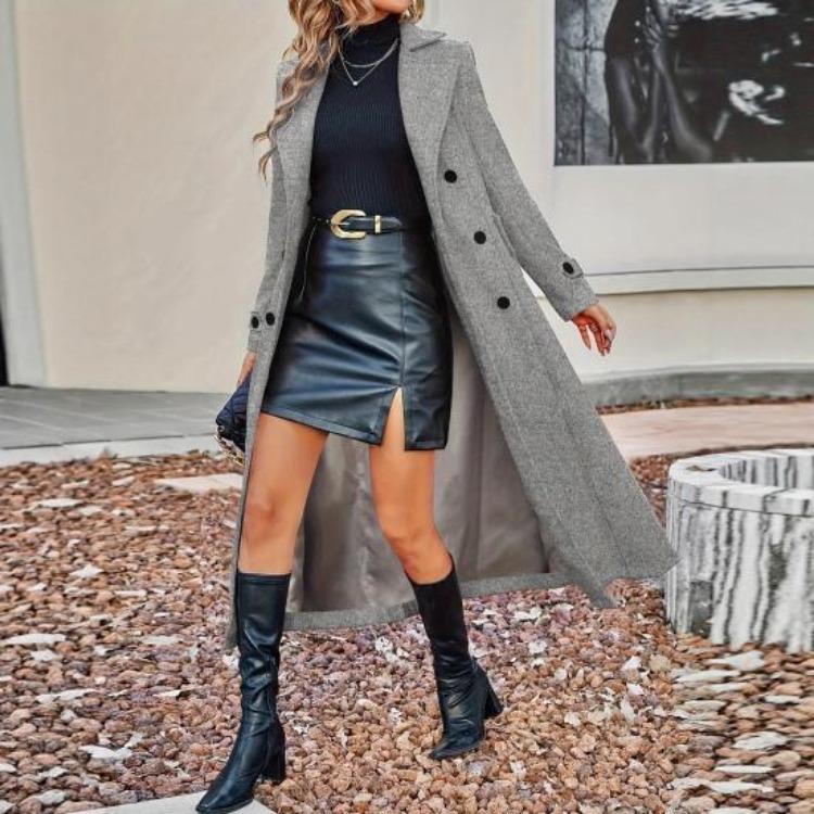 Casaco Peacoat Clássico de Lã com Lapela Notch Longa Casaco Trench Coat Feminino Casual Outono Inverno Sobrecasaco