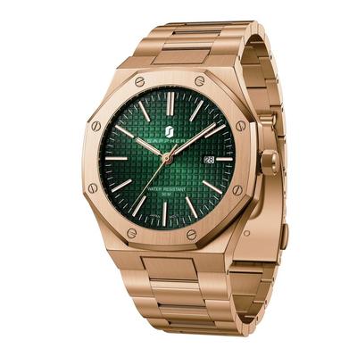 Montre Chronographe Homme Acier Inoxydable 50M Étanche Style Affaires Quartz Analogique Date Rose Vert