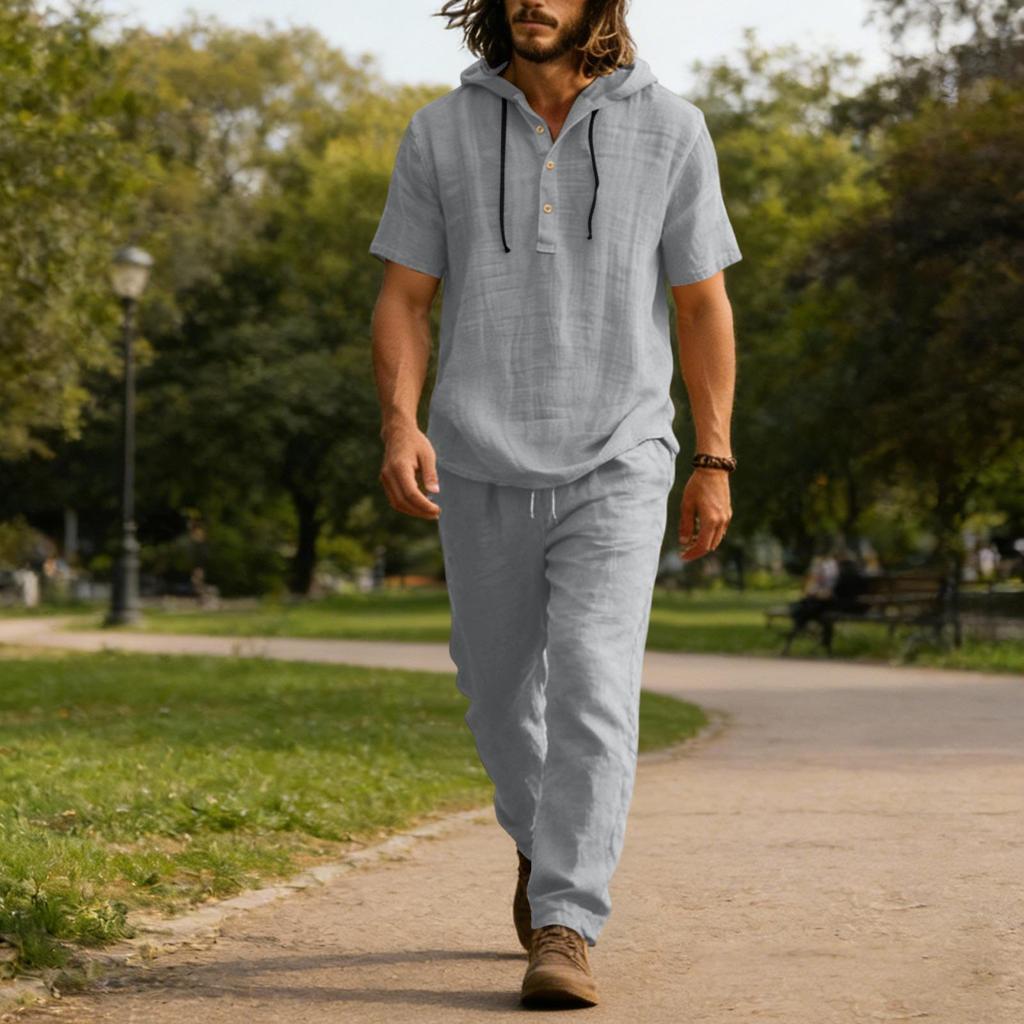 Men's Linen Casual Set - Button  Shirt Elastic Waist Drawstring Loose-Fit Pants Comfortable Two-Piece Set