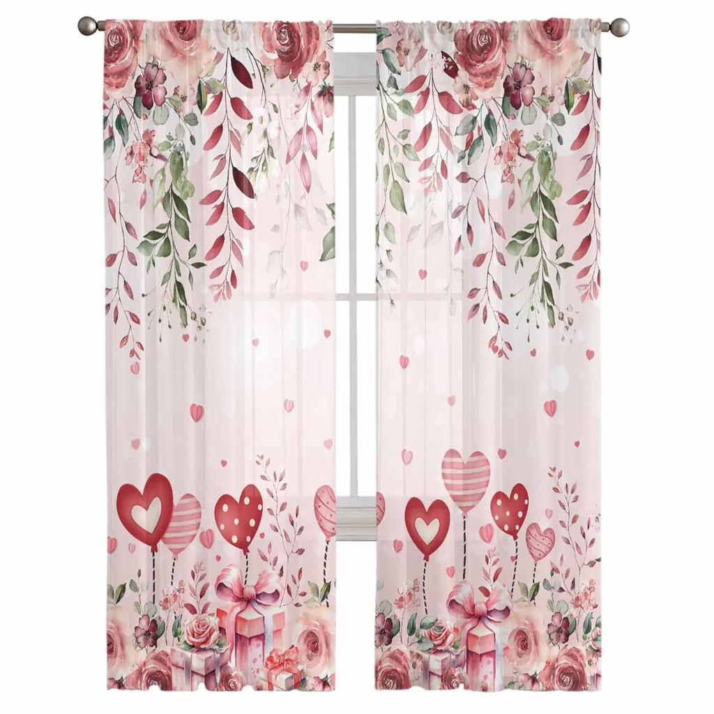 Valentine'S Day Rose Leaves Plants Flowers Love Tulle Curtains for Living Room Sheer Curtain for Bedroom Kitchen Blinds Curtains