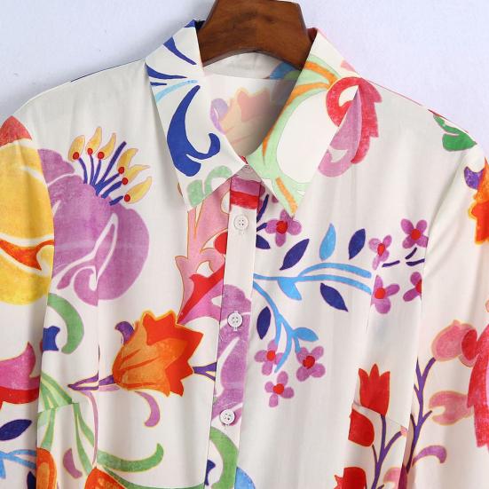 Floral Print Women Dress Turn-down Collar A-Line 45720 Sleeve Single-breasted Mid-Calf Shirt Dress