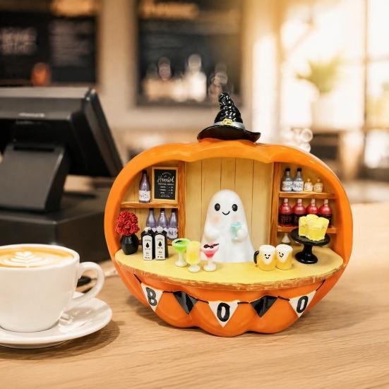 Small Halloween Ornament Ghost Bartender Pumpkin Figurine, Mini Bar Scene Coffee Lighted Tabletop Decoration for Living Room, Entryway, Mantel, Table,
