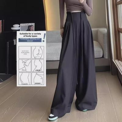 Neutralne wiosenno-letnie spodnie drapowane z wysokim stanem: Damskie luźne koreańskie spodnie casualowe z szerokimi nogawkami 2024