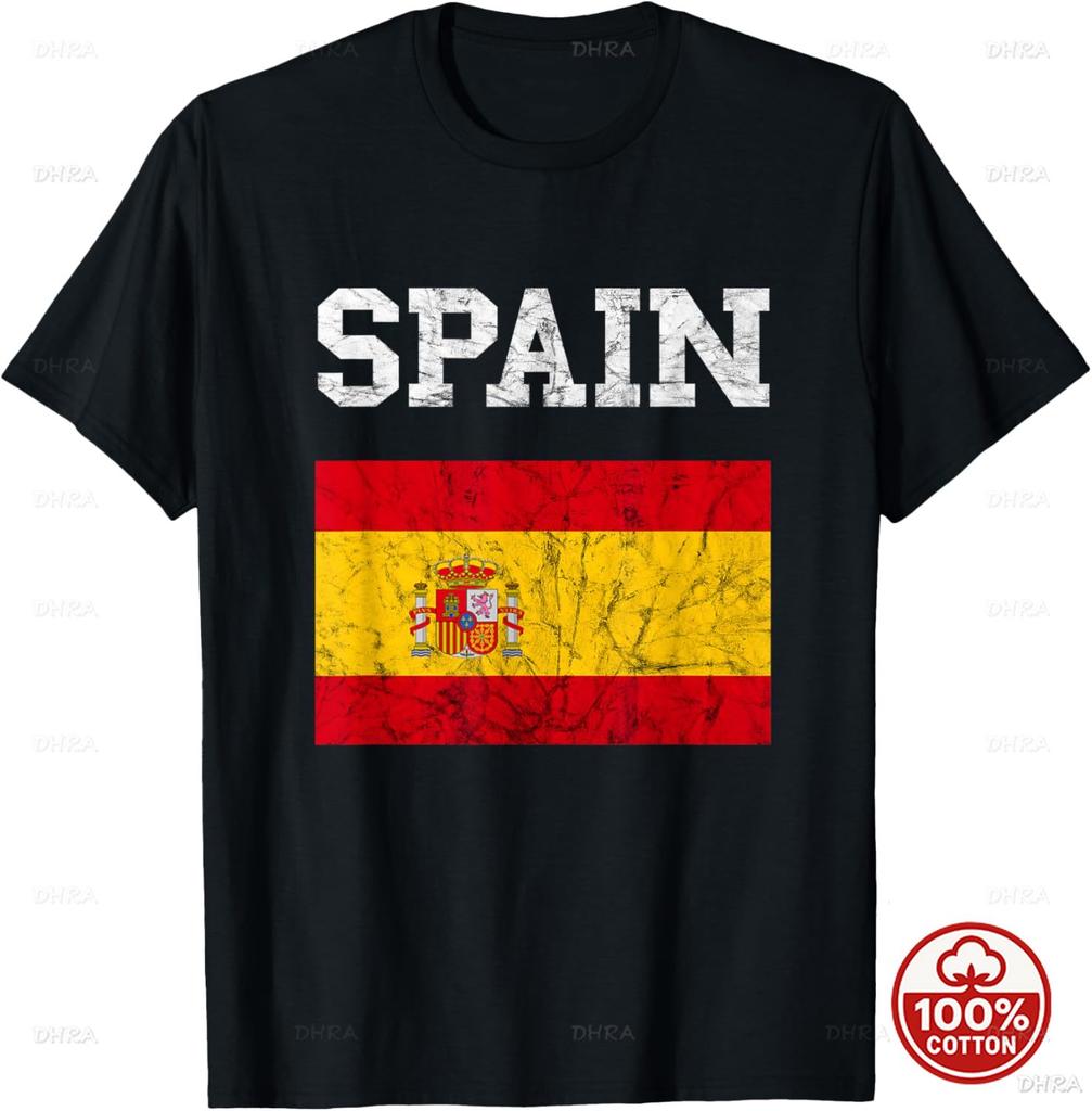 Spain Vintage Cracked National Flag Graphic Tshirt Spanish Country Pride Football Jersey Fans Soft Loose Sport Short Sleeve Tee