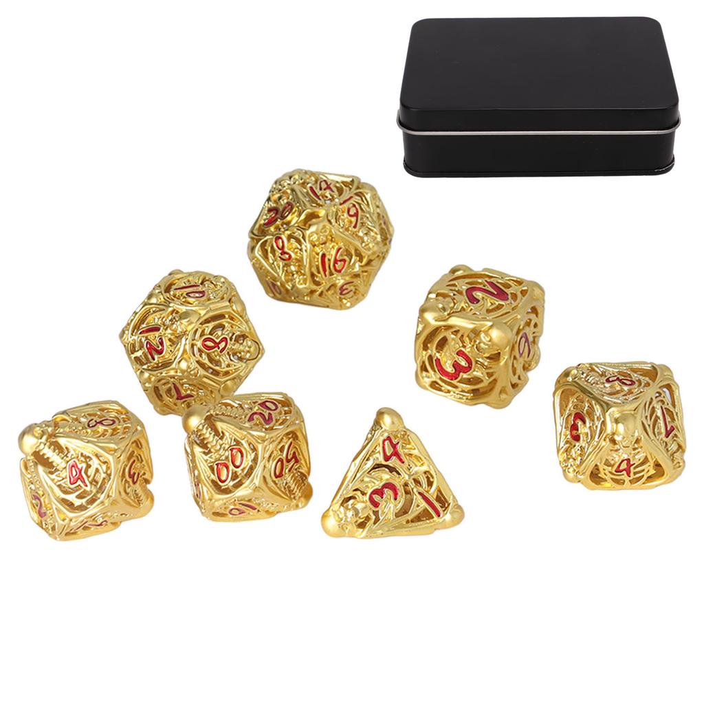 7pcs Hollow Polyhedral Dice Set Holiday Party Skull Pattern Metal Dice Props for Board Card Game