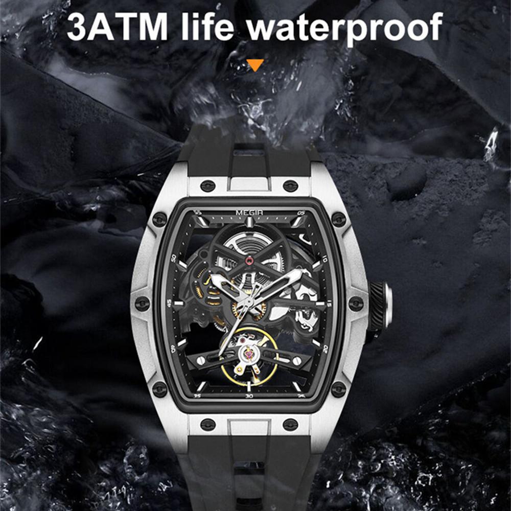 Megir Luksusmerke Sportsklokke for menn Silikonreim Mekaniske klokker Hul Fullautomatisk urverk Selvlysende Armbåndsur Klokke 2242
