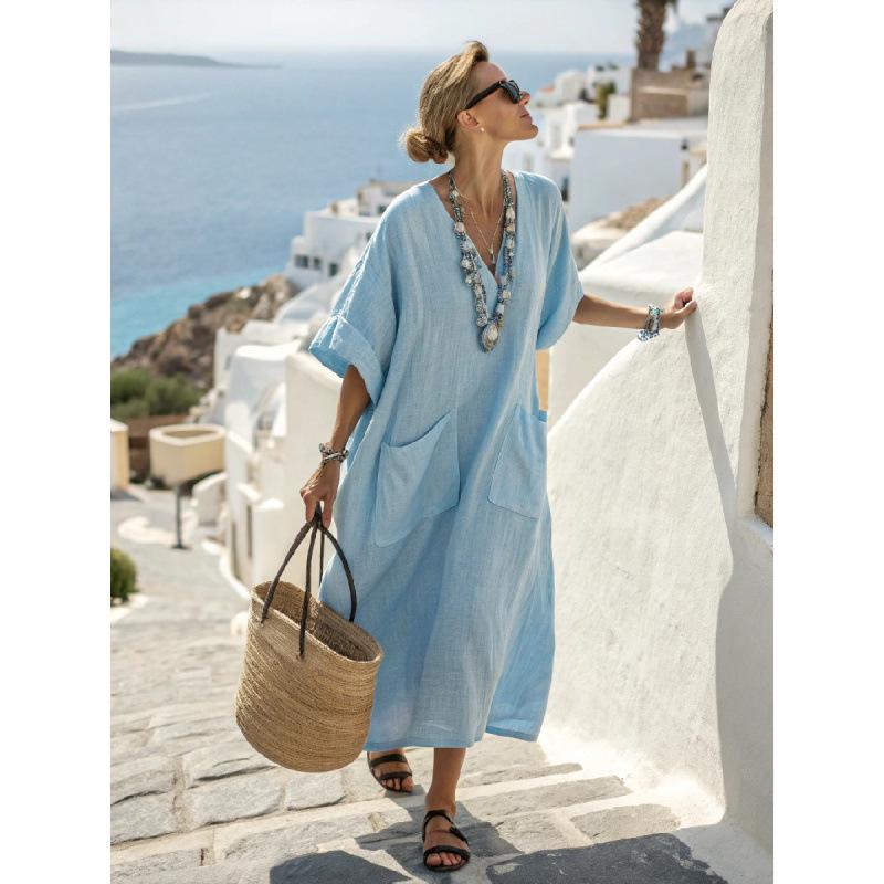3D digital printing V-neck five-quarter sleeve long pocket Kaftan dress