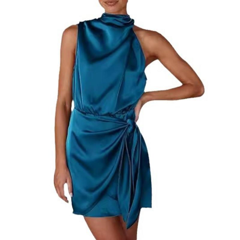 Women's Spring Summer Formal Satin Mini Dress High Neck Sleeveless Knot Waist Cocktail Party Bodycon Dress