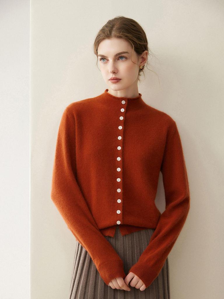 100% Pure Cashmere Buttoned Cardigan - Autumn/Winter Loose Half-High Collar Short Sweater