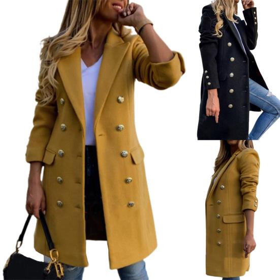 Wollmantel mit langen Ärmeln, einfarbig, atmungsaktiv, Reverskragen, zweireihig, Damen-Übermantel, Oberbekleidung