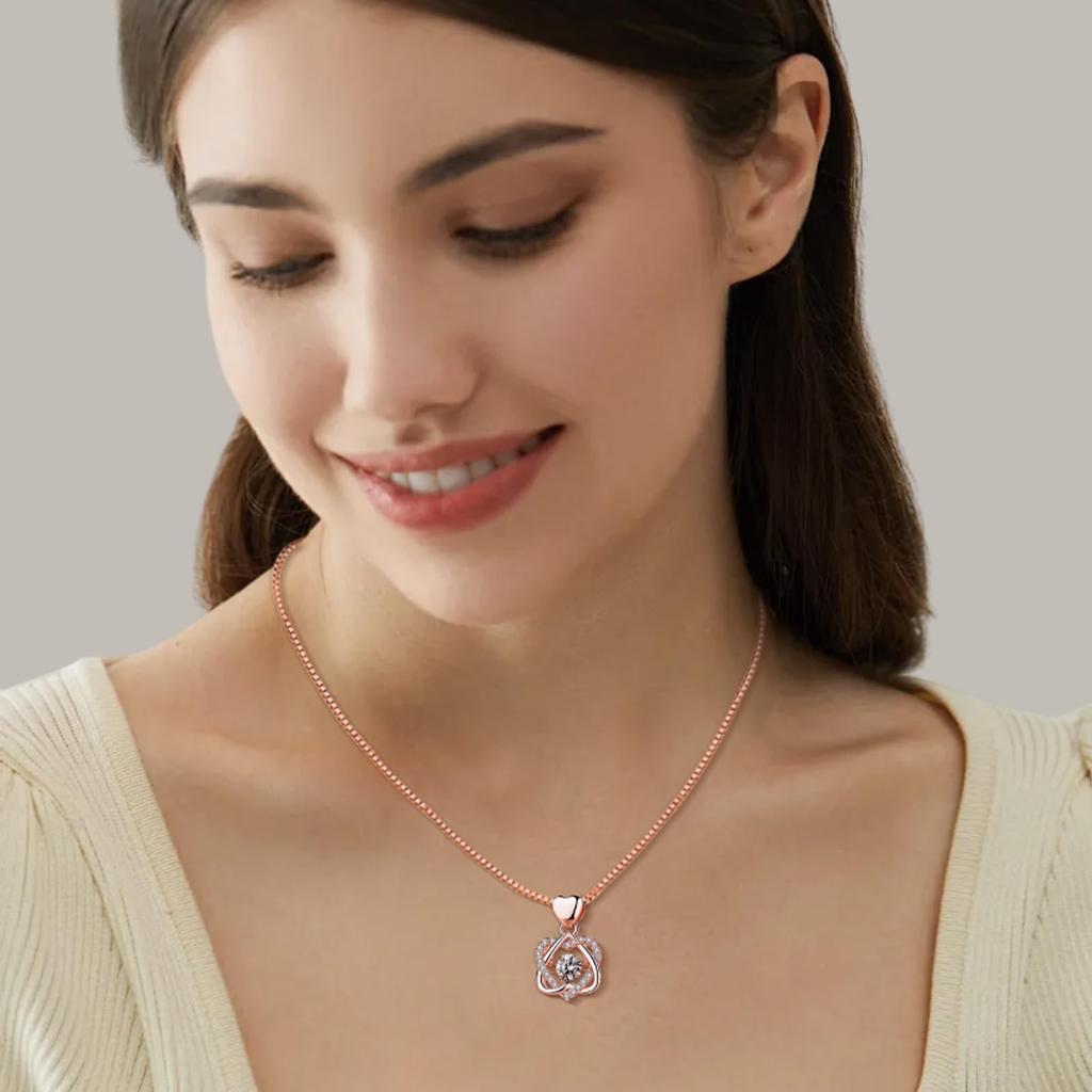 [Drawelry] Rose Double Heart Zirconia Necklace with Built-in Surprise Rose Jewelry - Personalized Heart Necklace with Rose Jewelry Box and Preserved