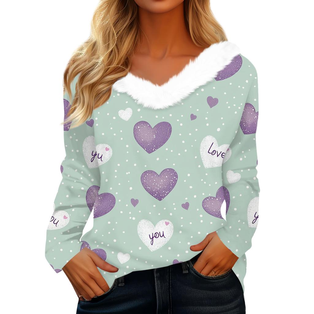 Women's Valentine's Day Printed Long-Sleeved Shirt, V-Neck, Casual Loose-Fitting T-Shirt Top