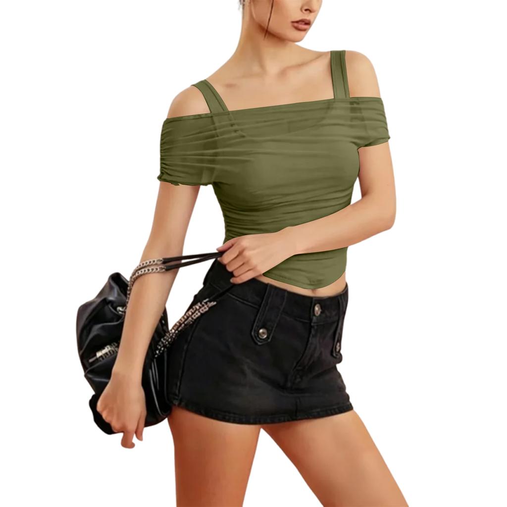 Womens Spring Tops Off Shoulder Ruched Design Summer Shirts for Women Casual Short Sleeve Tshirts Shirts for Women