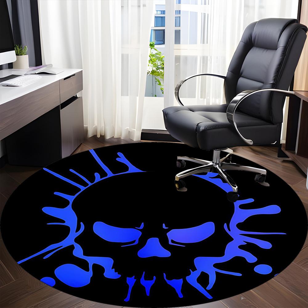 1pc Skull Blue Office Round Area Rug, Under Office Chairs Bedroom Living Room Home Decor, Room Deco