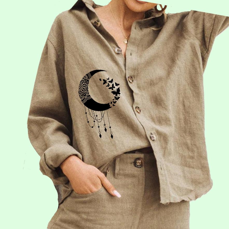 

Женская мода отложной воротник блузка дамы принт хлопок лен топ повседневная рубашка на пуговицах 3XL хаки