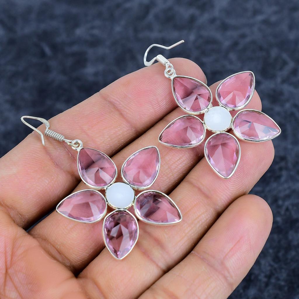 Pink Kunzite, Pearl Gemstone 925Sterling Silver Jewelry Earring 2.17" M-3136