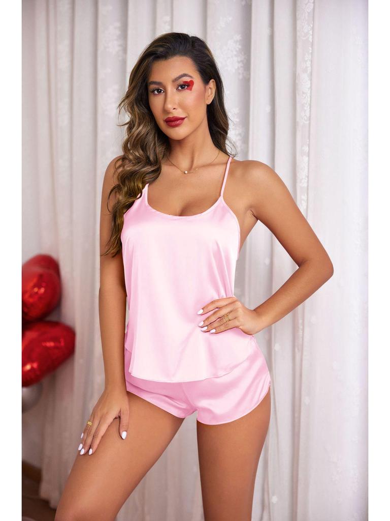 Women's Spaghetti Strap Satin Shorts Two-Piece Pajama Set