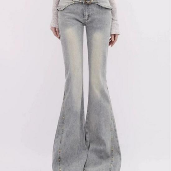 

Женские летние ретро джинсы с микроклешем и поясом с заклепками - Стройнящие, универсальные, модный дизайн с широкими штанинами Small светло-синий