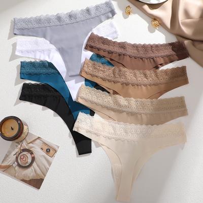 Tanga Sexy Sin Marca T-Back para Mujer Braguitas Sin Costuras Color Sólido Ribete de Encaje Ropa Interior Acogedora Femenina Tanga de Cintura Baja Lencería
