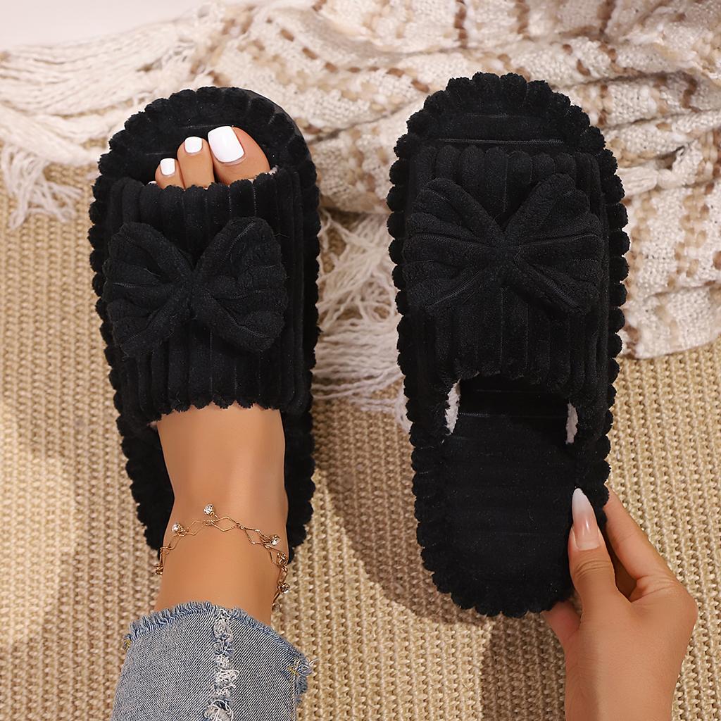 Warme Hausschuhe mit Schleifendekor, lässige Plüschschuhe mit offener Spitze, bequeme Hausschuhe