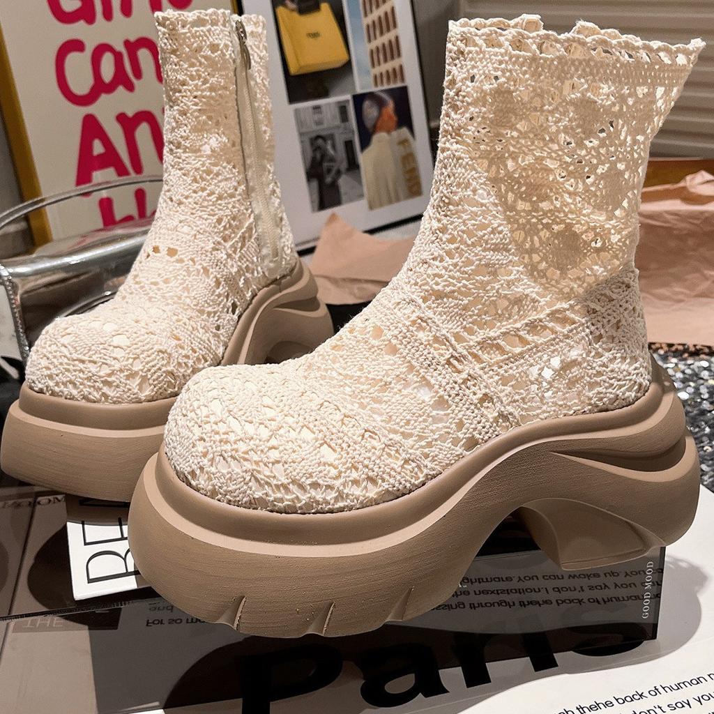 Martin boots female ins super fire thick sole lace mesh fairy wind summer cool boots hollow breathable small short boots