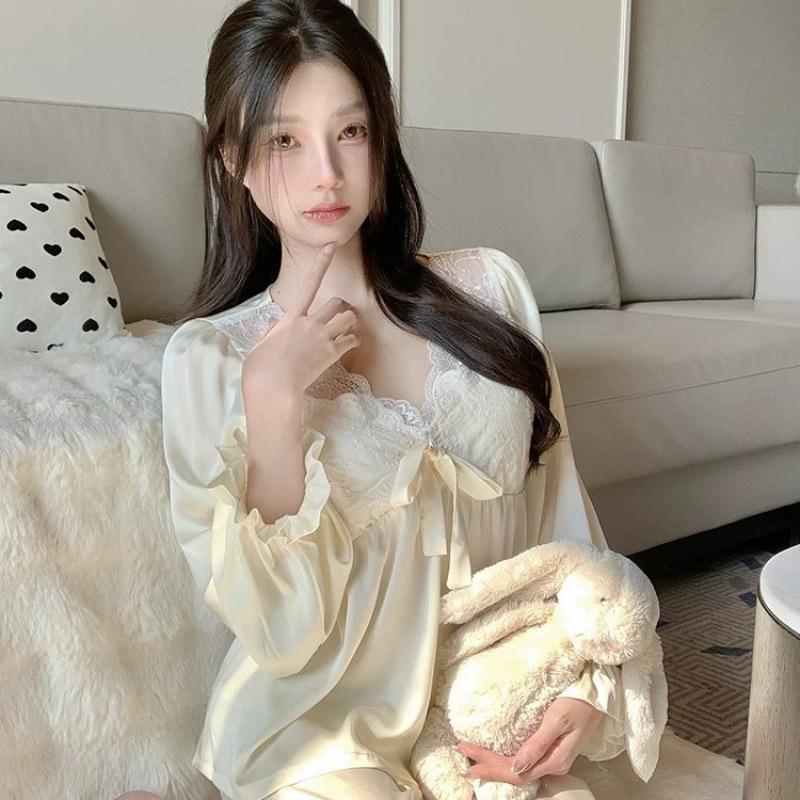 1011 Spring and Autumn New Sexy Pure Ice Silk Long Sleeve Pants Pajamas Women's Thin Homewear Suit with Chest Pad