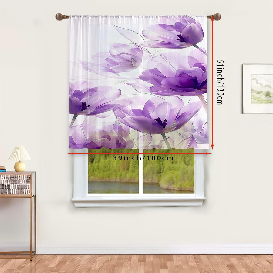1PC Sheer Curtain Purple Tulip Transparent Watercolor Print, Rod Pocket Window Curtain for Living Room Elegant Decor