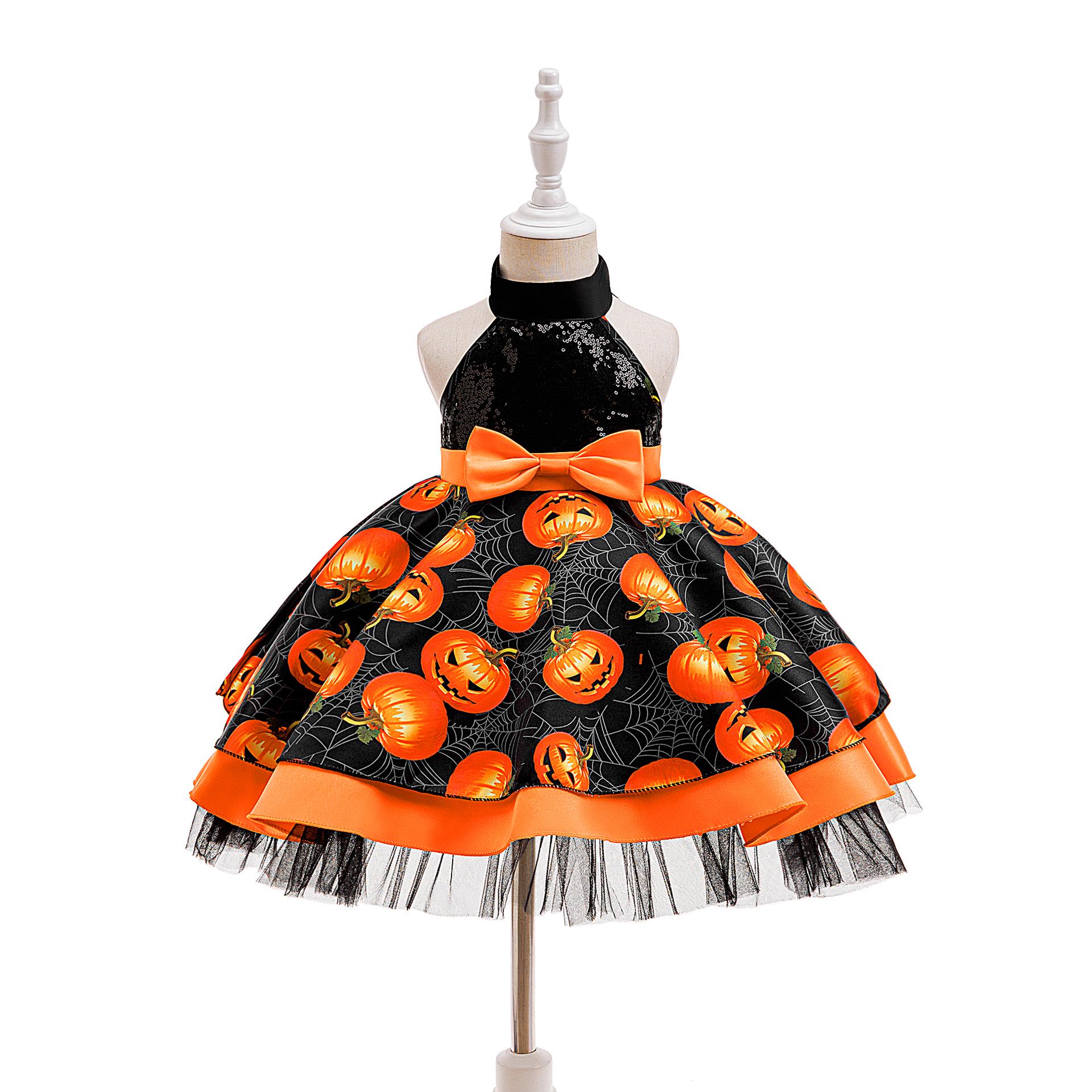 

Halloween Kids Formal Costume - Girls Witch & Pumpkin Print Party Dress 18-24M
