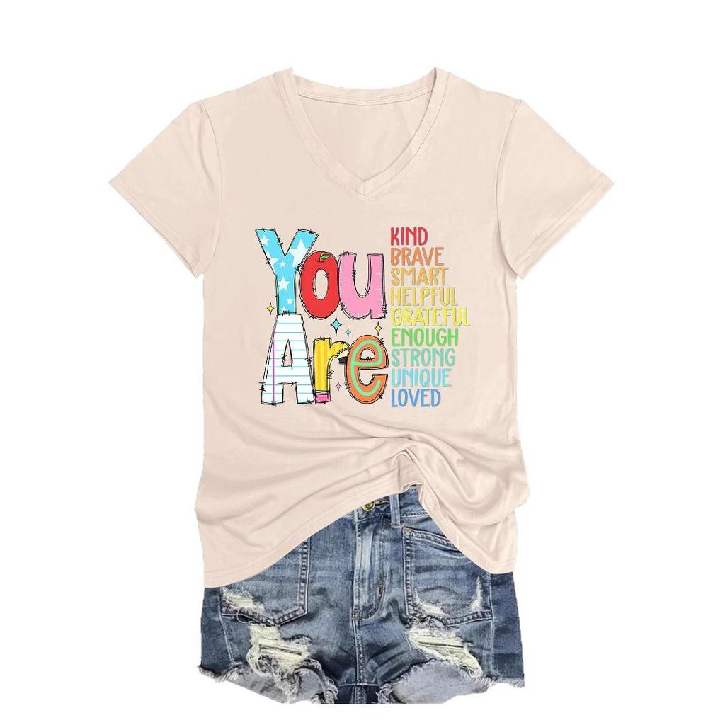 Summer V-neck 3D Letter Printed Top Fashionable Casual Short Sleeved Women's T-shirts