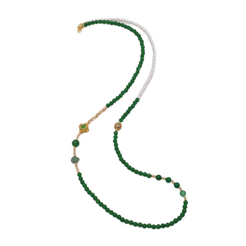 Elegant Green Chalcedony Long Necklace with Imitation Pearls - Chinese Style Luxury Jewelry for Women