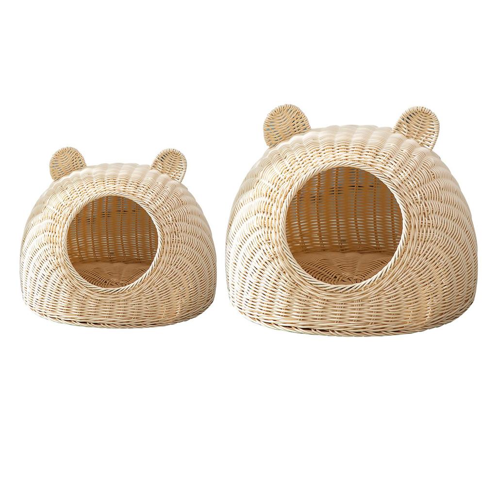 Rattan Woven Cat Bed House Semi-Closed Flat Bottom Cat Nest for Indoor Cat Kitten Hideaway Playing Pet Supplies