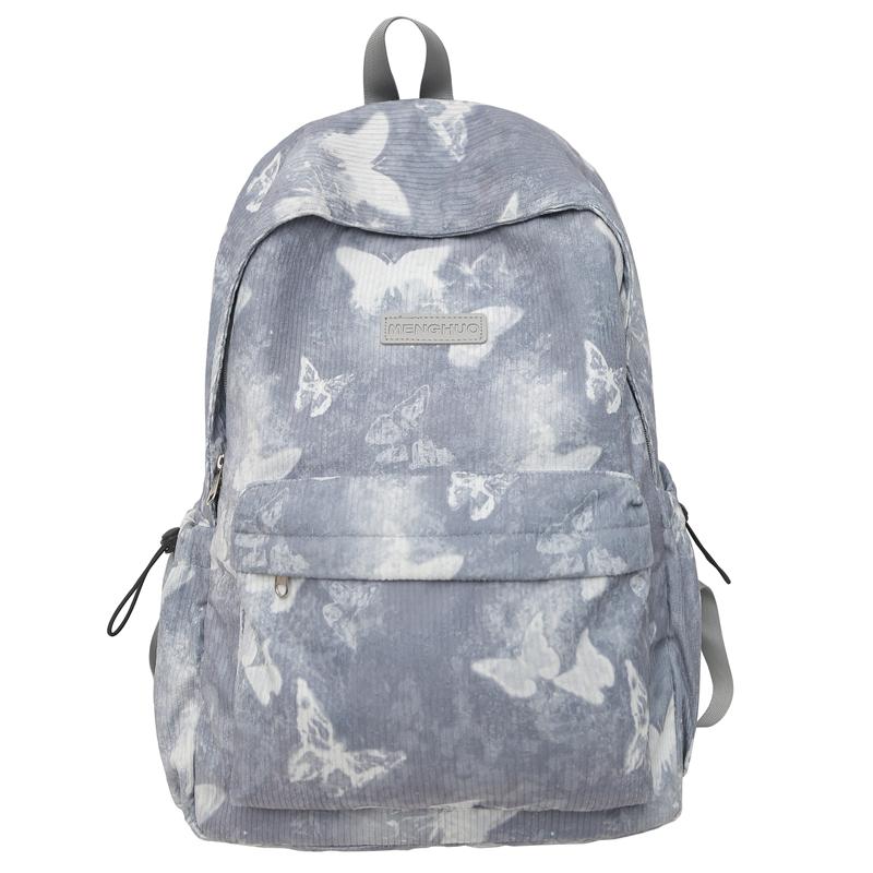 Women's Butterfly Printed Backpack Corduroy Student School Bag Large Capacity Class Backpack