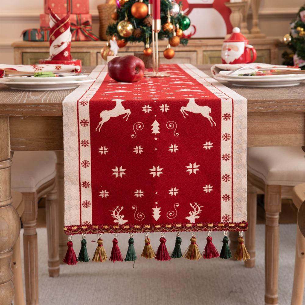 Christmas Snowman Jacquard Table Runner with Fringe Polyester Home Decor Tablecloth Bedspread